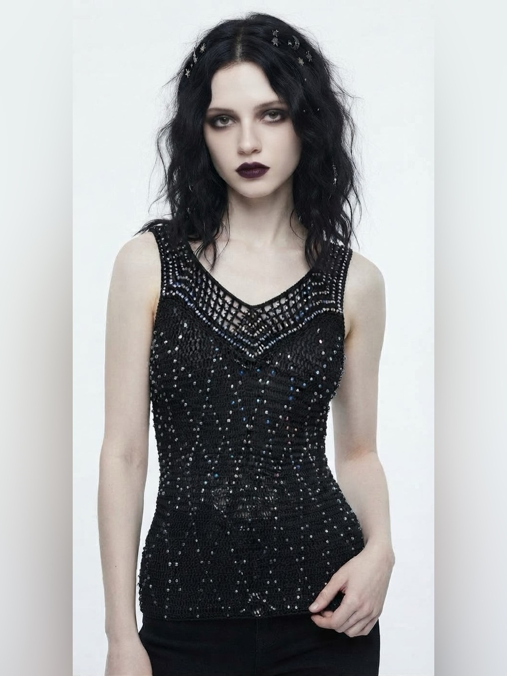 Boho Whimsigoth Beaded Crochet Sheer Tank Top Coastal Open Knit Witchy Rainbow